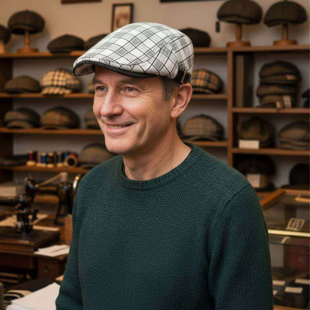FINNEGAN | Linen-Cotton Plaid Flat Cap
